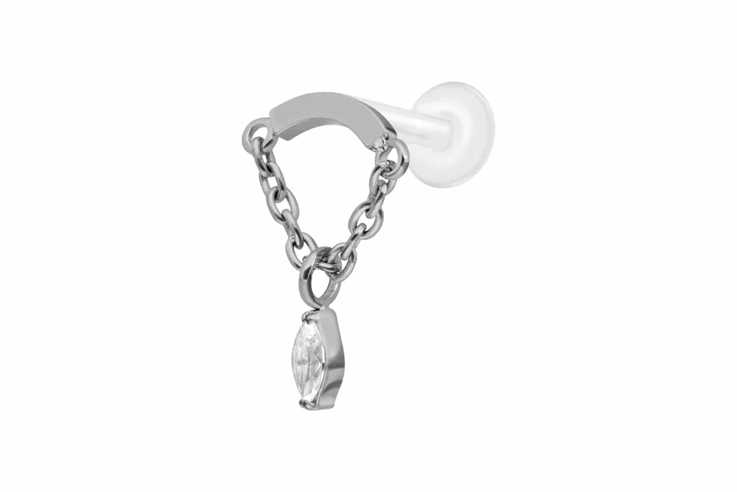 PTFE Labret Piercing mit Innengewinde + Titan-Aufsatz BOGEN + KETTE + KRISTALLTROPFEN